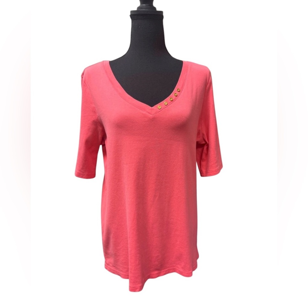 Karen Scott Vibrant Coral Cotton decorative Button Neckline Top Size Large